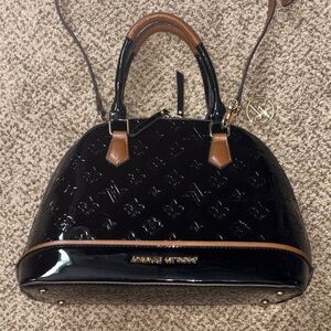 Adrienne Vittadini Black Patent Satchel with Brown Trim and Gold Charm